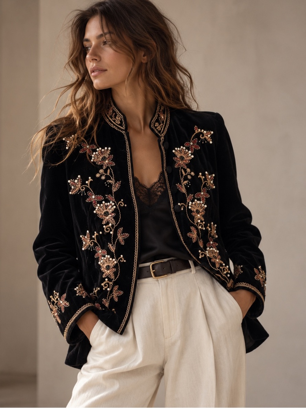 Vintage Anne Carson Petite Black Velvet Floral Beaded Embroidered Jacket